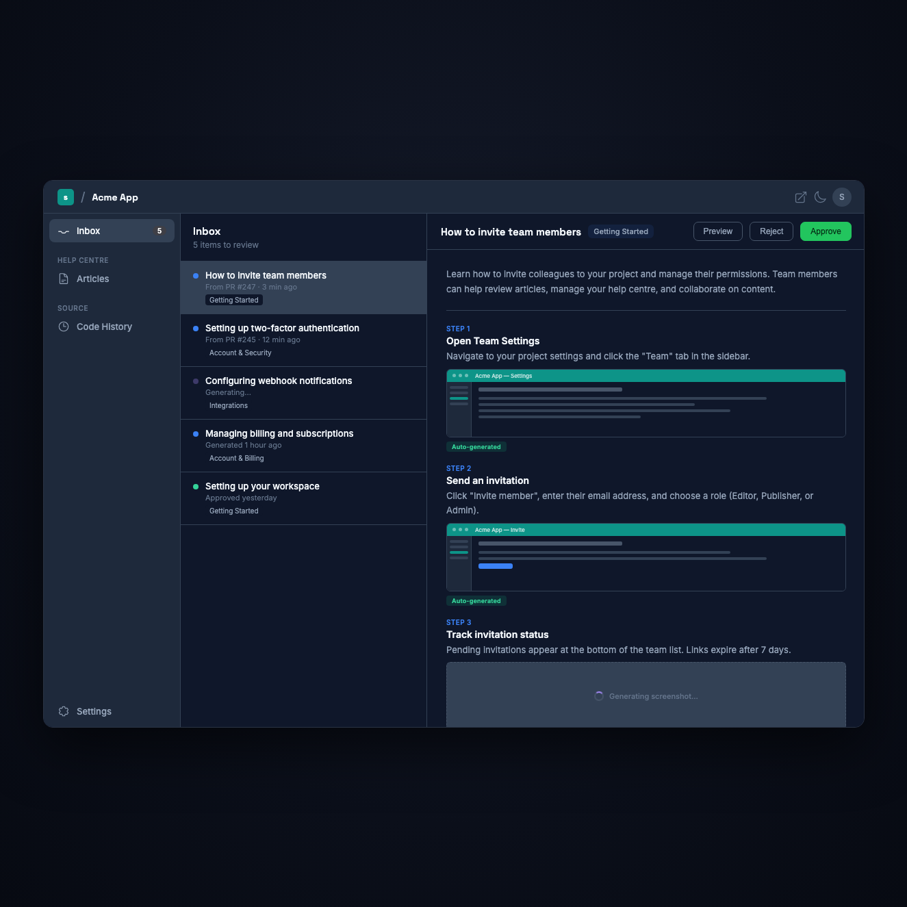 Automatic screenshot generation for help articles