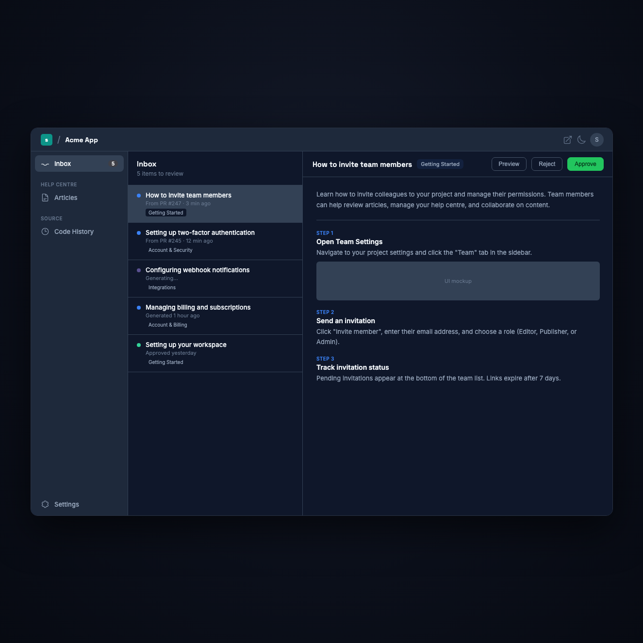 SupportPages review inbox showing generated help articles ready for approval