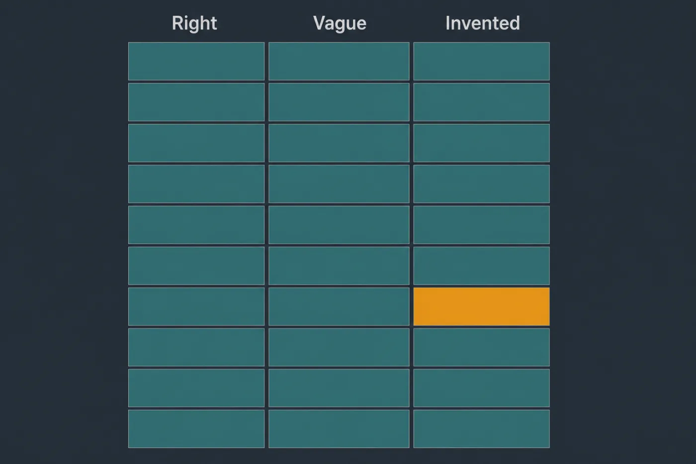 An audit grid of ten tasks against three assistants, with each answer marked right, vague or invented.