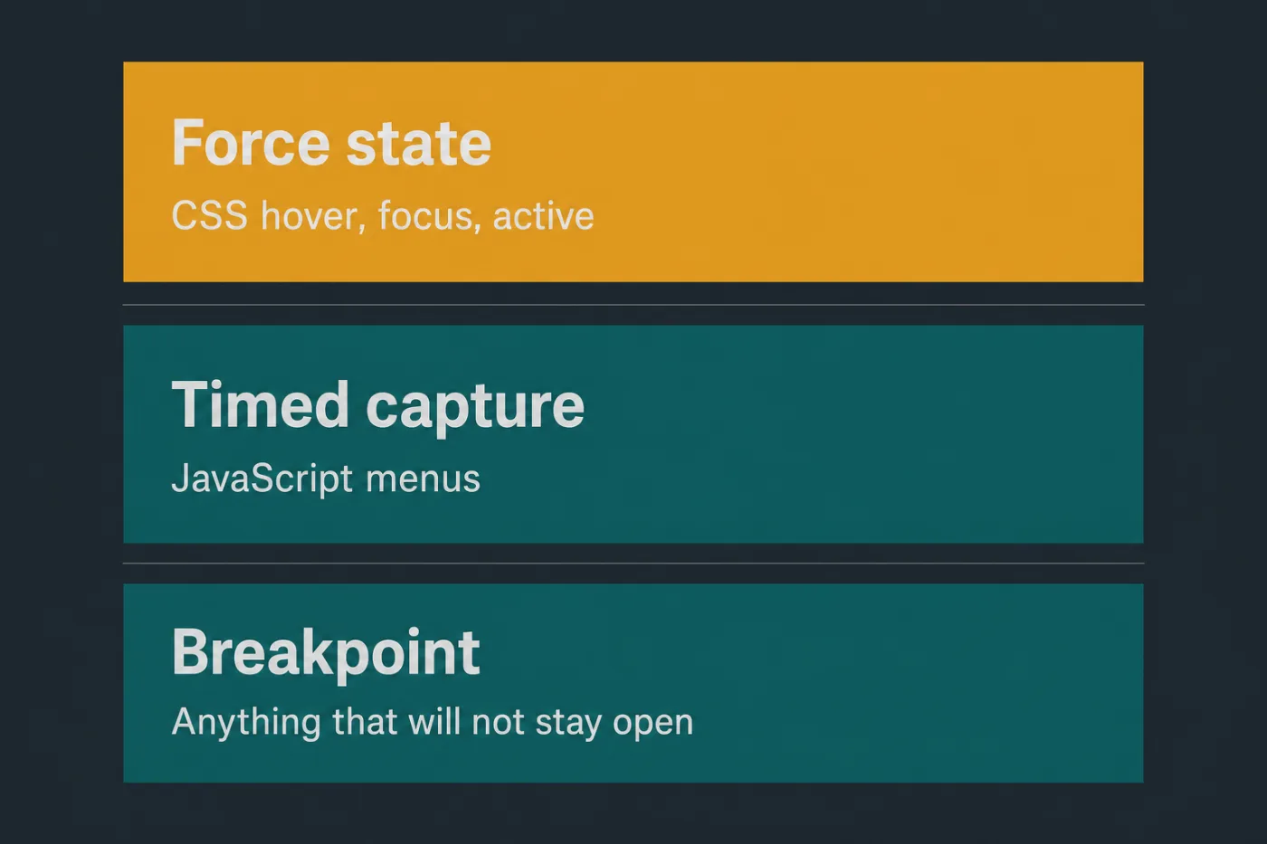 Three labelled options: force state for CSS states, timed capture for JavaScript menus, and breakpoint for anything that will not stay open.